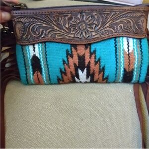 American Darling Turquoise Southwestern Tooled Leather Wristlet